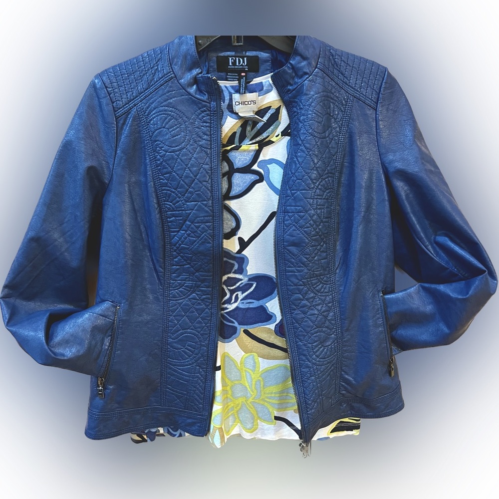 French Dressing Jeans FDJ Faux Leather Jacket Zip Pockets Size M Blue